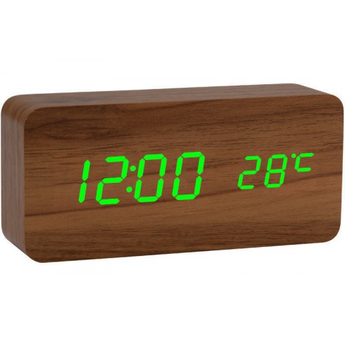 Деревянные Настольные часы VST-862 с термометром коричневое дерево (зеленая подсветка)