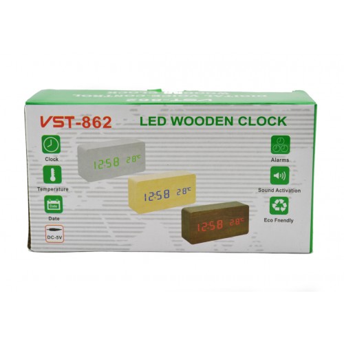 Деревянные Настольные часы VST-862 с термометром белые (зеленая подсветка)