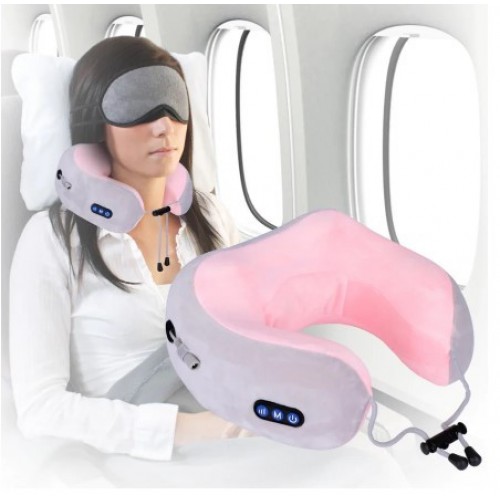Массажная подушка для шеи U-shaped Massage pillow портативный массажер, вибромассажер для шеи Серая с Розовым