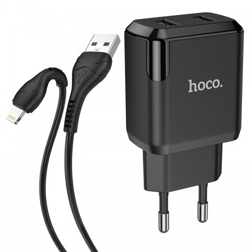 Зарядное устройство 220В 2 USB с кабелем USB - Lightning Hoco N7 Speedy Чёрный