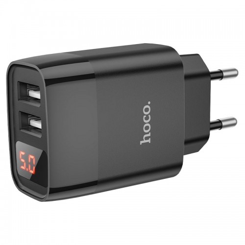 Зарядное устройство 220В 2 USB с кабелем USB - Lightning Hoco C86A Illustrious с экраном Чёрный