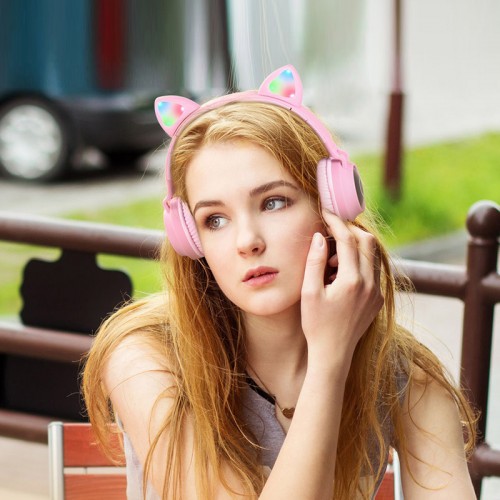 Наушники Hoco W27 Cat Ear Bluetooth с кошачьими ушками и LED подсветкой Розовый