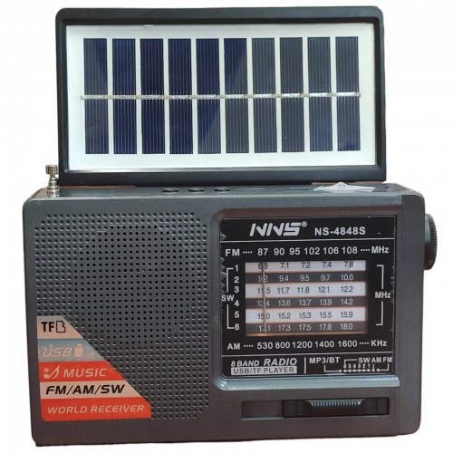 Радиоприёмник с солнечной панелью FM USB MicroSD и фонариком NS-4848S на аккумуляторе Серый