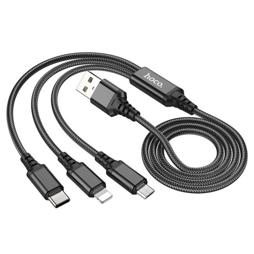 Кабель для зарядки телефонов HOCO X76 3 в 1 USB to Type-C+Lightning+MicroUSB 2A Чёрный