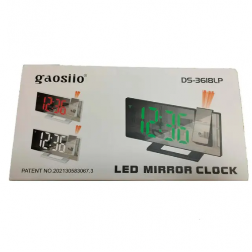 Светящиеся зеркальные часы - будильник с проектором времени на стену или потолок , и термометром Gaosiio DS-3618LP Чёрные Зеленная подсветка