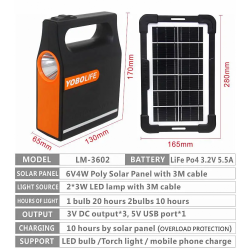 Фонарь ручной + зарядная станция + солнечная панель и 2 лампы YoboLife LM-3602