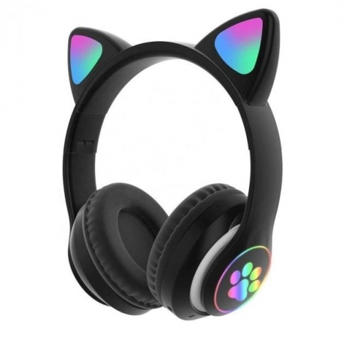 Беспроводные Bluetooth наушники с светящимися кошачьими LED ушками  STN-28 micro SD, AUX Чёрные