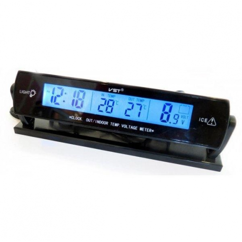 Автомобильные часы с термометром и вольтметром VST-7013V Синяя подсветка