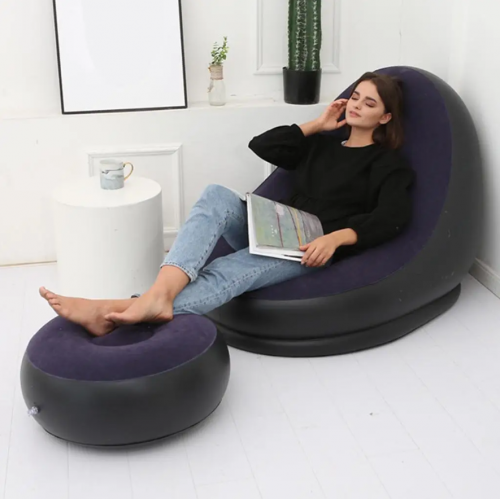 Надувное кресло диван 2в1 с пуфиком для ног A-Sofa до 150 кг Чёрный с фиолетовым