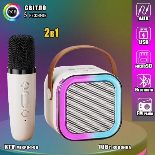 Портативная колонка с караоке микрофоном и RGB подсветкой Winso K12 10W Bluetooth, USB, microSD, AUX, Type-C Белая