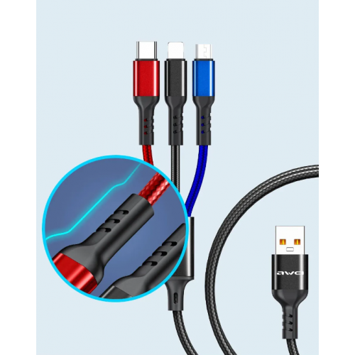 Кабель для зарядки телефонов AWEI CL 971 3 в 1 USB to Type-C+Lightning+MicroUSB 2,4A