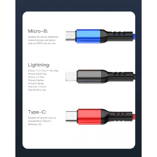 Кабель для зарядки телефонов AWEI CL 971 3 в 1 USB to Type-C+Lightning+MicroUSB 2,4A