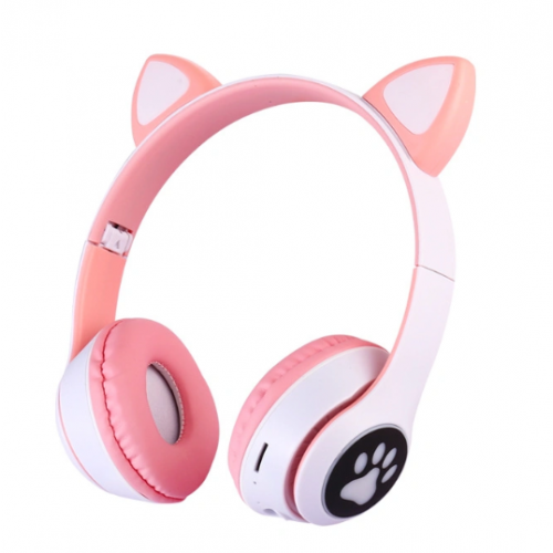 Беспроводные наушники с кошачьими ушками и RGB подсветкой FM радио, micro SD Cat MZ-023 Розовые с белым