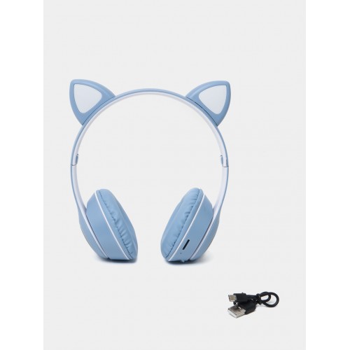 Беспроводные наушники с кошачьими ушками и RGB подсветкой FM радио, micro SD Cat MZ-023 Синие