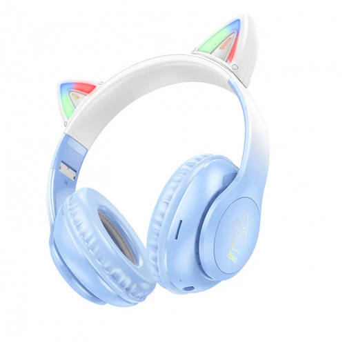 Наушники Hoco W42 Cat Ear Bluetooth с кошачьими ушками и LED подсветкой Голубые с белым