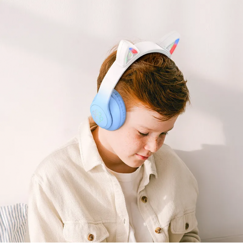 Наушники Hoco W42 Cat Ear Bluetooth с кошачьими ушками и LED подсветкой Голубые с белым