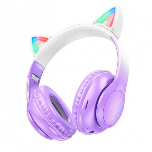 Наушники Hoco W42 Cat Ear Bluetooth с кошачьими ушками и LED подсветкой Фиолетовые с белым