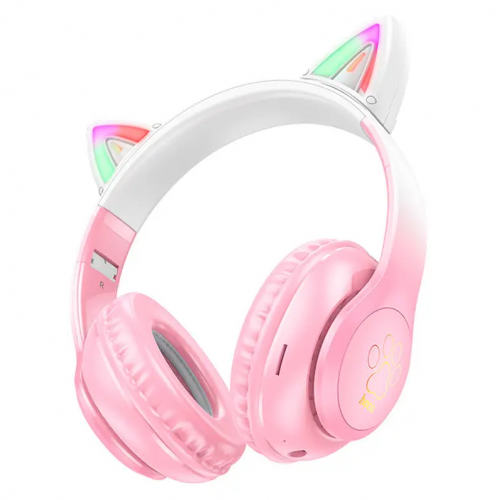 Наушники Hoco W42 Cat Ear Bluetooth с кошачьими ушками и LED подсветкой Розовые с белым