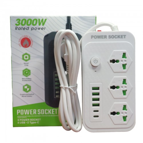 Сетевой удлинитель фильтр Power Socket J07 на 3 розетки + 4 USB 3.4A и 2 Type-C Белый