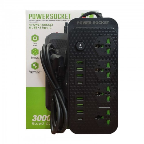 Сетевой удлинитель фильтр Power Socket J08 на 4 розетки + 6 USB 3.4A и 2 Type-C Черный