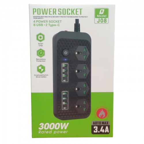 Сетевой удлинитель фильтр Power Socket J08 на 4 розетки + 6 USB 3.4A и 2 Type-C Черный