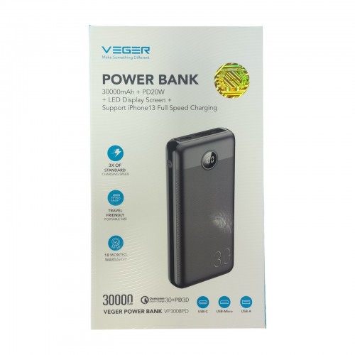 Портативное зарядное устройство Power Bank VEGER VP3008PD 30000mAh, PD20W+QC 3.0