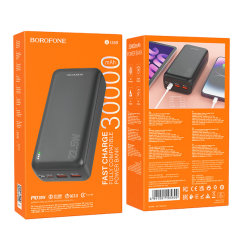 Внешний аккумулятор Power bank BOROFONE B38B 30000mAh PD22,5W+быстрая зарядка батарея зарядка Черный