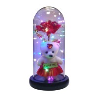 Хрустальная роза в колбе с мишкой и сердечком I Love You, красная работа от батареек и USB