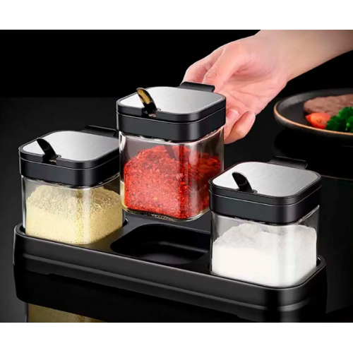 Набор баночек для хранения специй на подставке с ложками, 3×300мл Spice jar TLG-021
