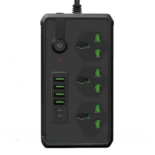 Сетевой удлинитель фильтр Power Socket J07 на 3 розетки + 4 USB 3.4A и 2 Type-C Черный