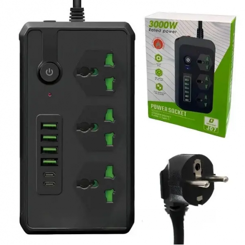 Сетевой удлинитель фильтр Power Socket J07 на 3 розетки + 4 USB 3.4A и 2 Type-C Черный Сетевой удлинитель фильтр Power Socket J07 на 3 розетки + 4 USB 3.4A и 2 Type-C Черный