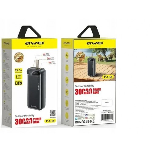 Зовнішній акумулятор Power bank Awei PA12 30000mAh PD22,5W+швидка заряджання акумулятор зарядка Чорний