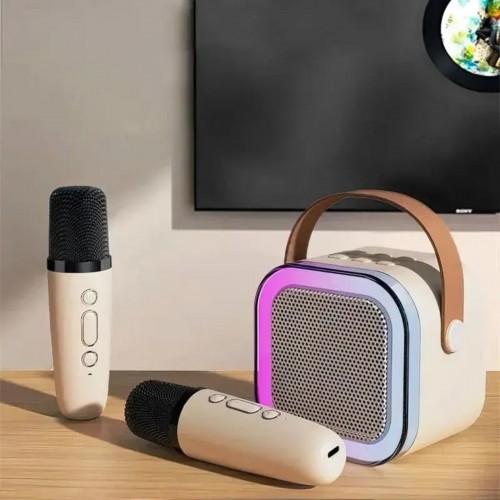 Портативная колонка с 2-мя караоке микрофонами и RGB подсветкой Winso K12 10W Bluetooth, USB, microSD, AUX, Type-C Бежевый