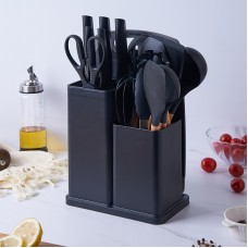Силиконовый кухонный набор принадлежностей с деревянной ручкой Kitchenware Set 19 предметов Чёрный со вставками