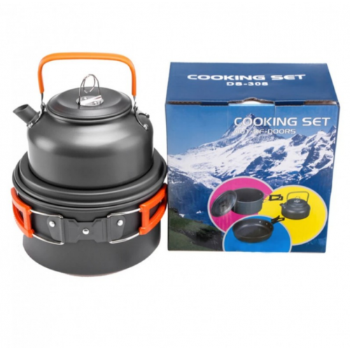 Набор туристической металлической посуды для походов Camping cooking DM 308 с карабином Черный с оранжевым