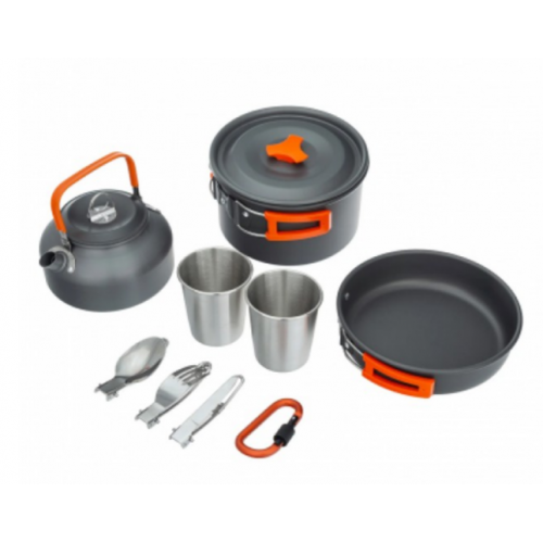 Набор туристической металлической посуды для походов Camping cooking DM 308 с карабином Черный с оранжевым