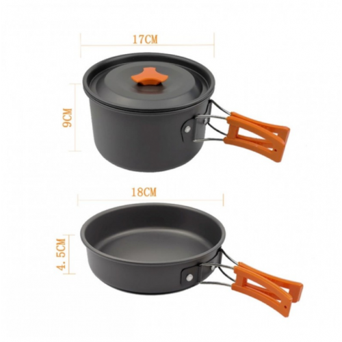 Набор туристической металлической посуды для походов Camping cooking DM 308 с карабином Черный с оранжевым