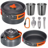 Набор туристической металлической посуды для походов Camping cooking DM 308 с карабином Черный с оранжевым