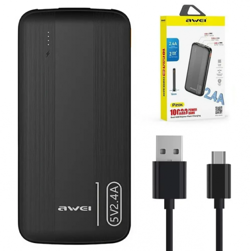 Внешний аккумулятор Power bank AWEI P20K 10000mAh 2USB батарея зарядка Черный