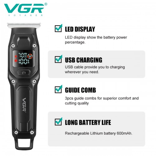 Мужской аккумуляторный триммер для бороды и усов VGR V-964 с 3 сменными насадками 1-3 мм. Черный