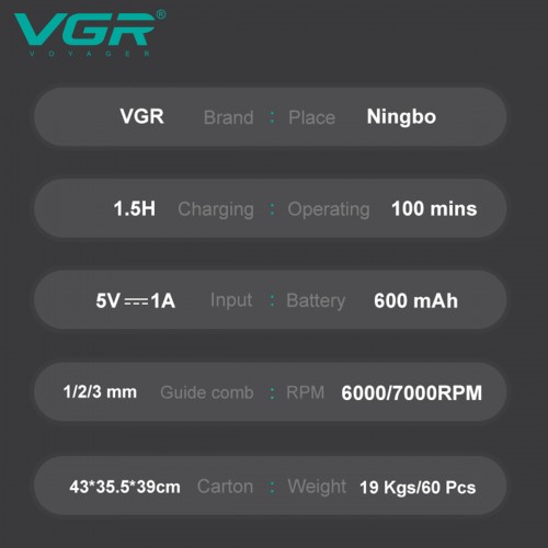 Мужской аккумуляторный триммер для бороды и усов VGR V-964 с 3 сменными насадками 1-3 мм. Черный