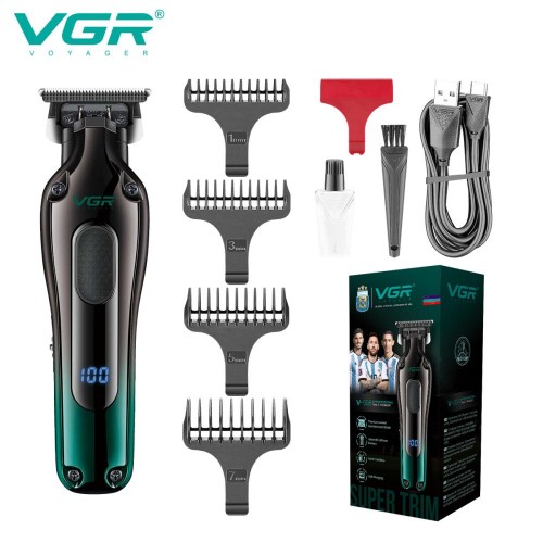 Аккумуляторная машинка триммер для стрижки волос и бороды с USB и LED дисплеем VGR V-998 Зелёный