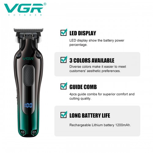 Аккумуляторная машинка триммер для стрижки волос и бороды с USB и LED дисплеем VGR V-998 Зелёный