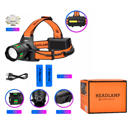 Налобный фонарь с флуоресцентной окраской BL-T203, светодиод TG+CO, zoom, 2 АКБ 18650