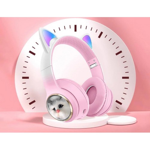 Аккумуляторные беспроводные Bluetooth наушники с ушками и микрофоном AKZ-09 Розовые