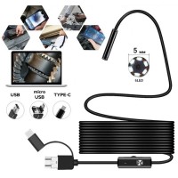 Камера эндоскоп с кабелем на 5 метров 5 мм USB/micro USB/ Type-C с подсветкой под Android
