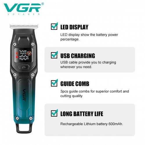 Мужской аккумуляторный триммер для бороды и усов VGR V-964 с 3 сменными насадками 1-3 мм. Синий