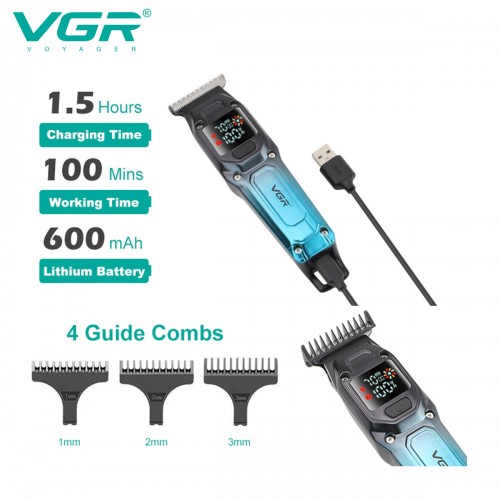 Мужской аккумуляторный триммер для бороды и усов VGR V-964 с 3 сменными насадками 1-3 мм. Синий
