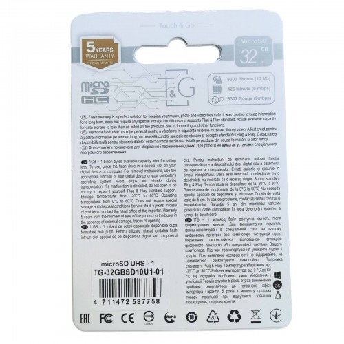 Карта памяти T&G microSDHC 32Gb UHS-1 (Class 10) + Adapter SD (SD10U1-01)