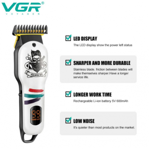 Аккумуляторная машинка для стрижки VGR V-699, 4 насадки, LED дисплей, Белая